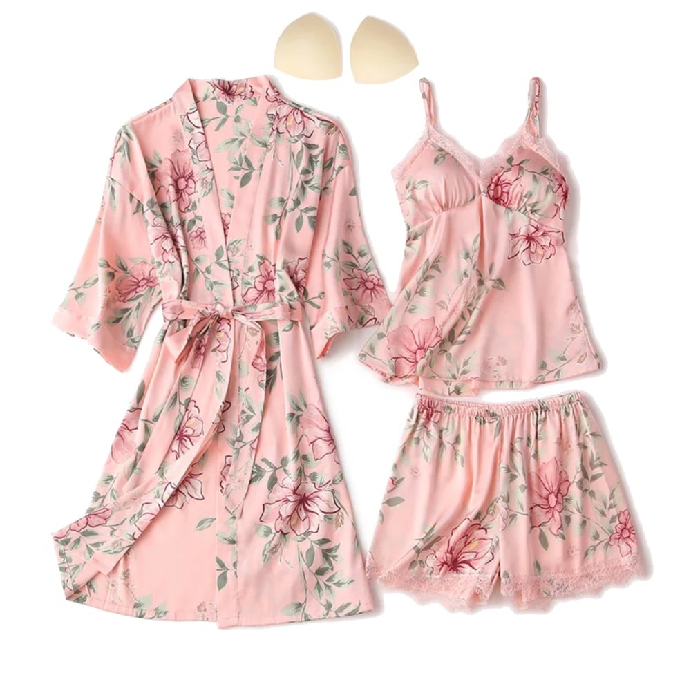 SATYNOWA PIŻAMA DAMSKA KOMPLET 3w1 SZLAFROK KOSZULKA NOCNA HALKA SPODENKI KOLOR RÓŻOWY