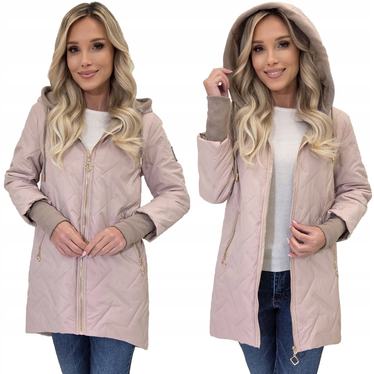 MODNA ASYMETRYCZNA KURTKA DAMSKA WIOSENNA PRZEJŚCIOWA Z KAPTUREM PARKA r.M JASNY BEŻ