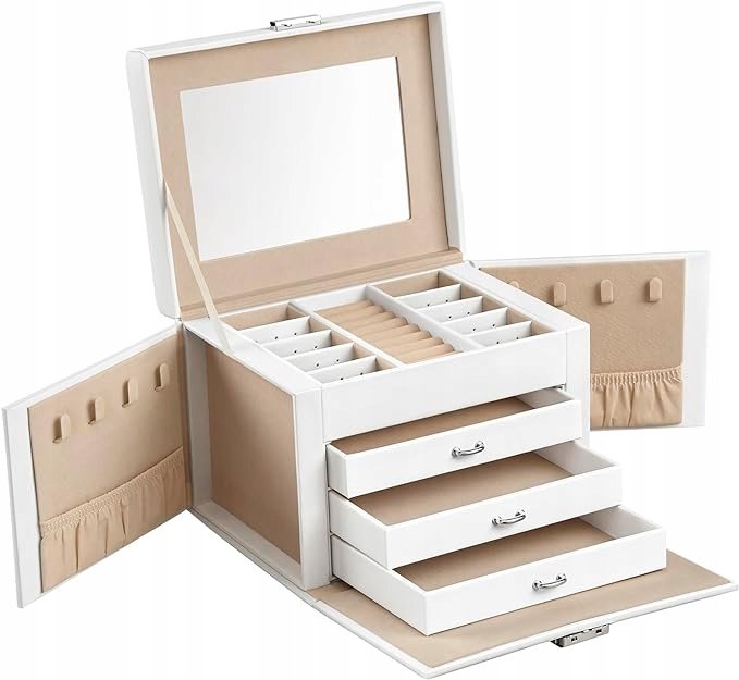 SZKATUŁKA NA BIŻUTERIĘ 4 POZIOMY Z LUSTREM KUFEREK ORGANIZER PUDEŁKO BOX