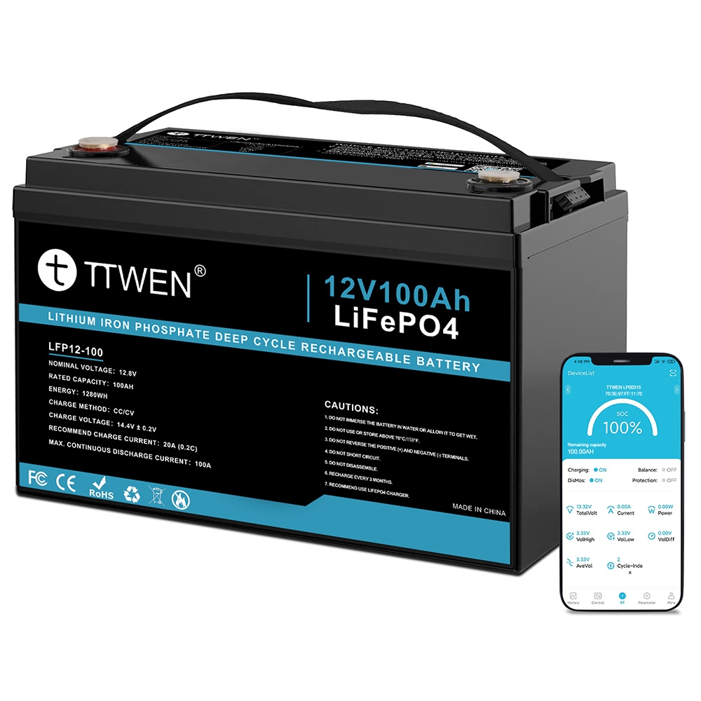 TTWEN 12V 100Ah LiFePO4 Battery 1280Wh Energy 4000 Cycles Rechargeable for RVs Boats Camping and Off-Grid Power Bluetoo