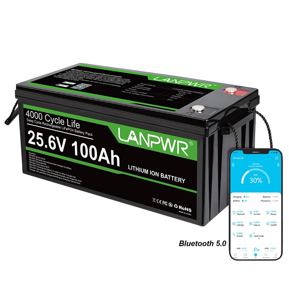 LANPWR 24V 100Ah LiFePO4 Battery with Bluetooth 5 0 2560Wh Energy 4000 Deep Cycles Built-in 100A BMS