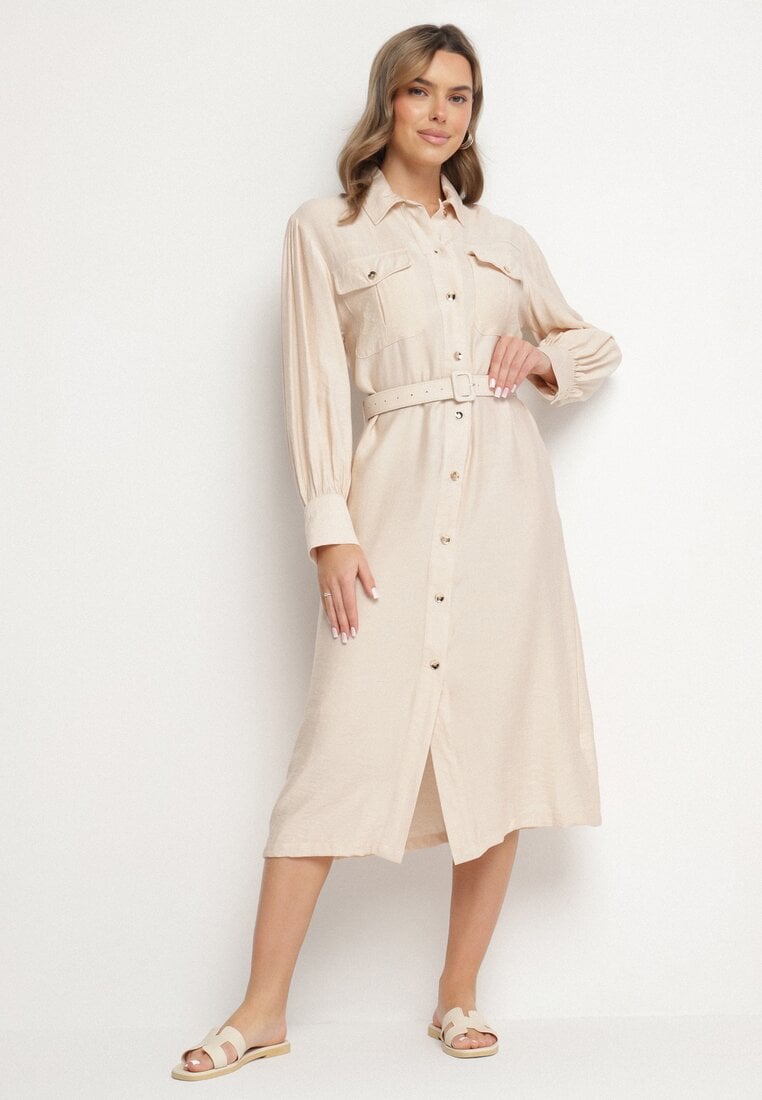 Beżowa Wiskozowa Sukienka o Koszulowym Kroju z Paskiem z Klamrą i Kieszeniami Lisavianna