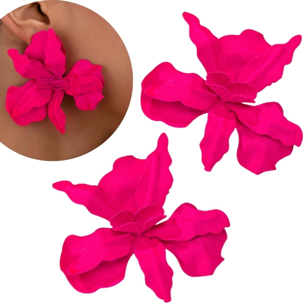 DUŻE kolczyki metalowe kwiaty FUKSJA żywe neonowe efektowne zjawiskowe MAT