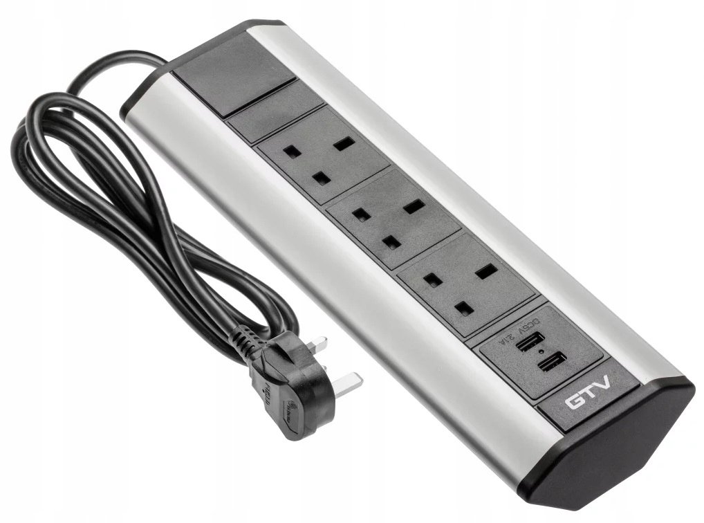 Przedłużacz biurkowy kątowy, 3x gniazdo UK, 2xUSB