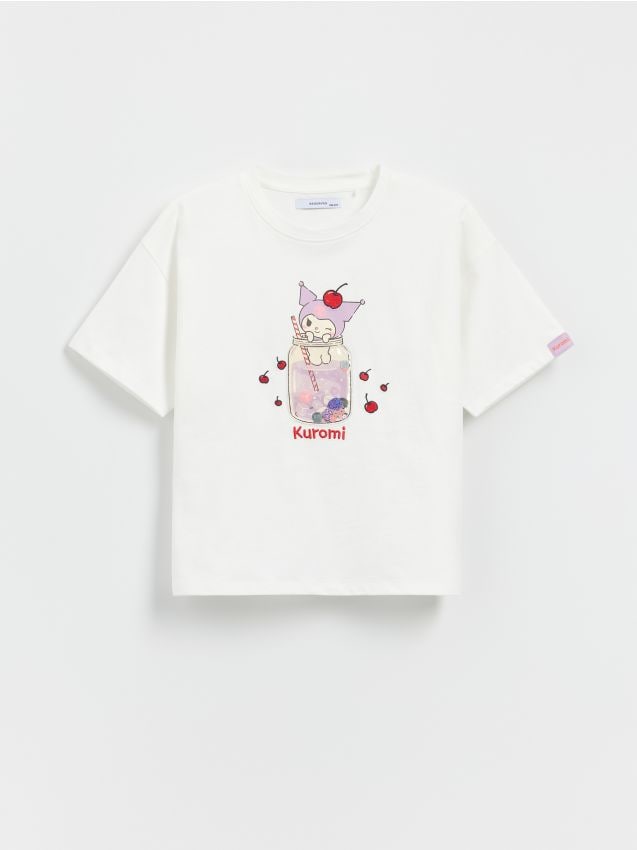 Reserved - T-shirt z aplikacją Kuromi - złamana biel