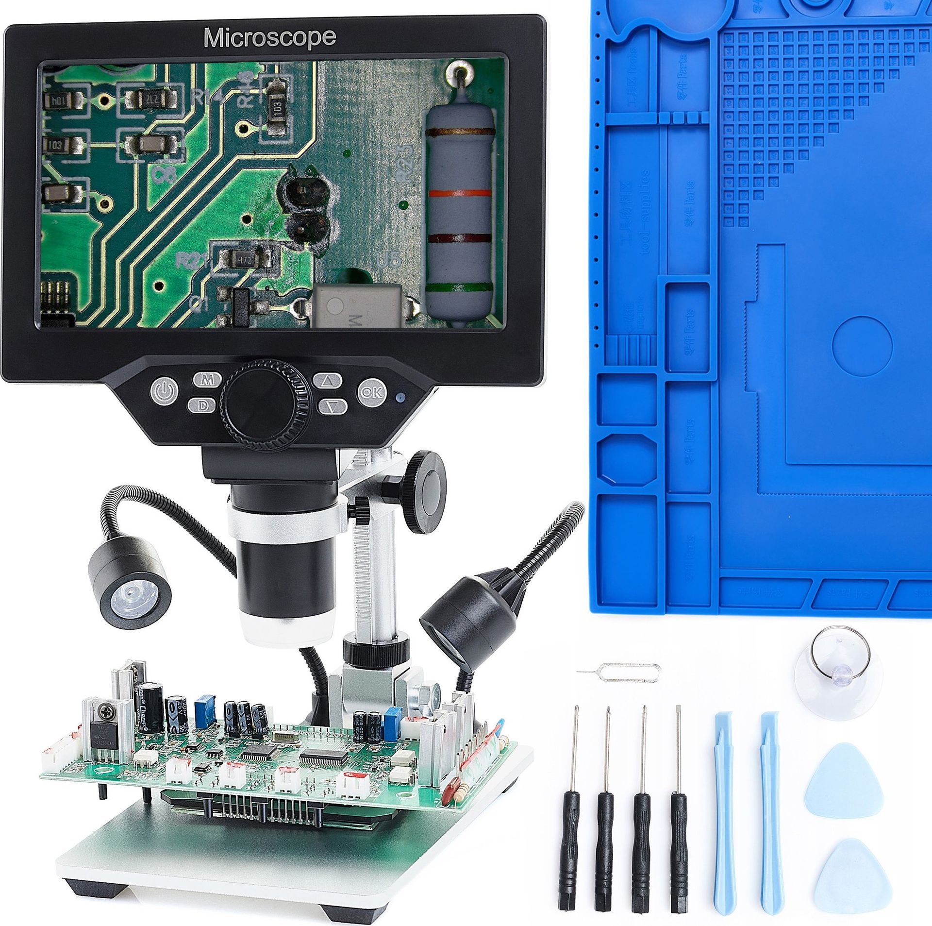 Mikroskop Cyfrowy 1200X Menu PL LCD HD 1080P 12MP Techrebal Mata Antystatyczna + Narzędzia GSM