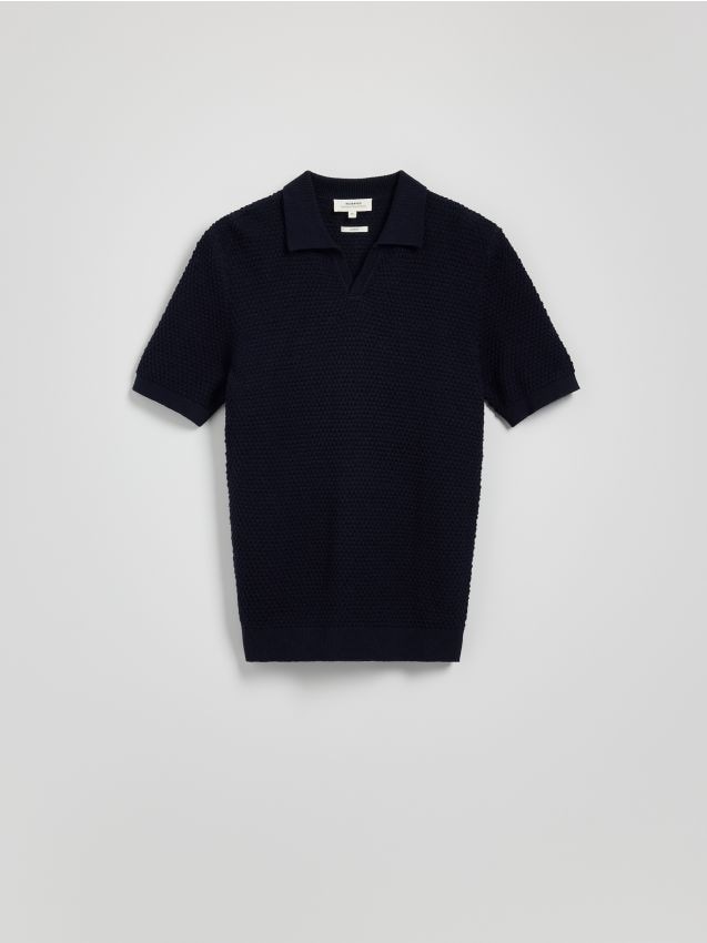 Reserved - Sweter polo z lnem - granatowy