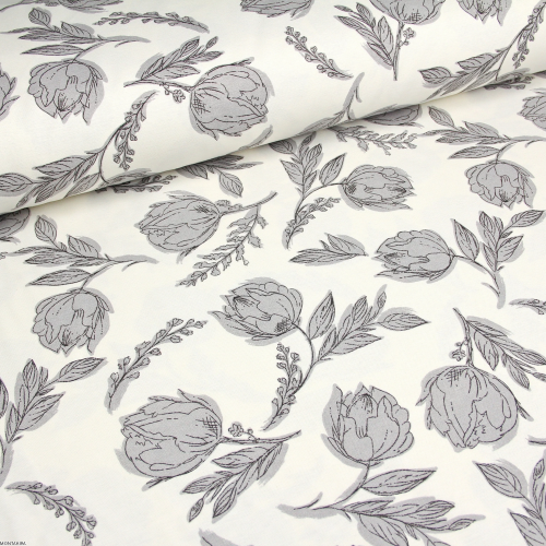 Owalny obrus bawełniany plamoodporny z wzorem Kwiaty biały