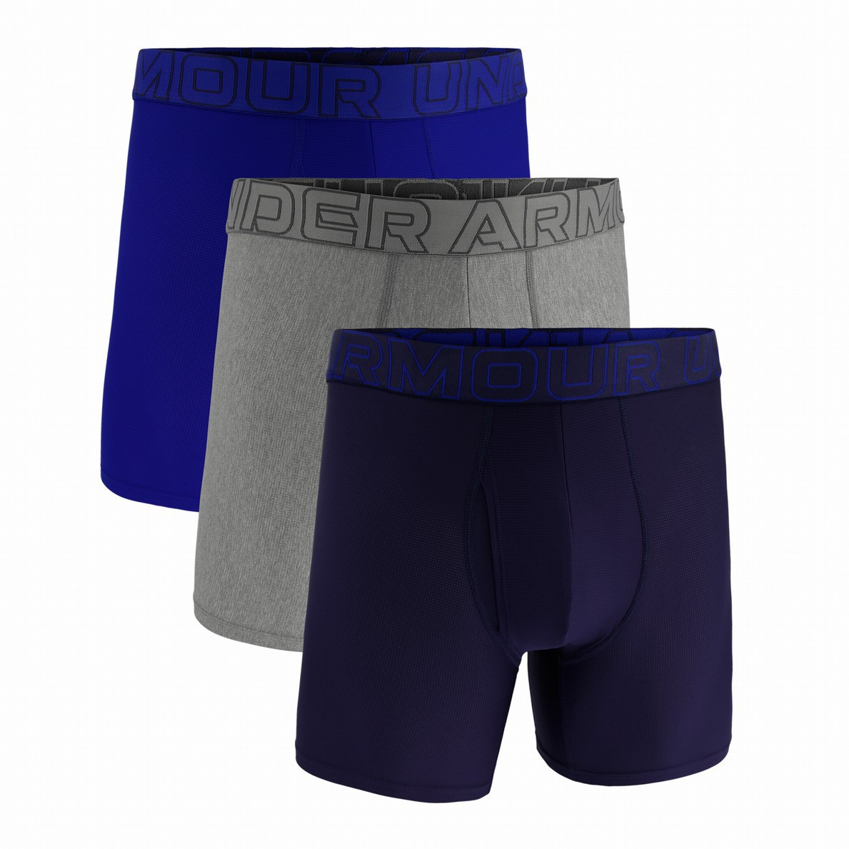 Męskie bokserki Under Armour UA Performance Tech Mesh - Solid 6in 3PK Rozmiar: S / Kolor: niebieski/szary