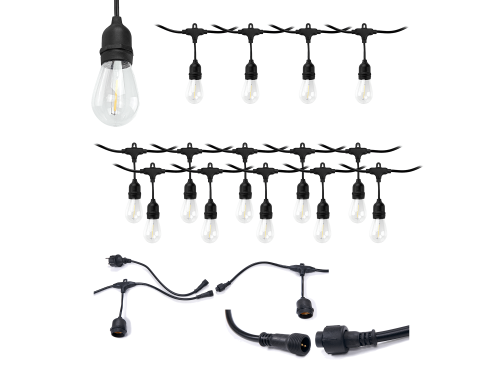 Zestaw: Girlanda ogrodowa 15m 15xE27 + 15x Żarówka LED E27 1W filament