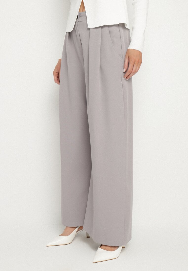 Szare Spodnie Garniturowe o Szerokim Kroju z Zakładkami i Wysokim Stanem Ulianeria