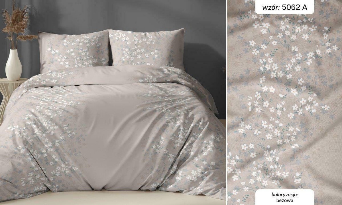 Pościel satynowa 140x200 beżowa kwiatuszki zapinana na suwak KARO Satin