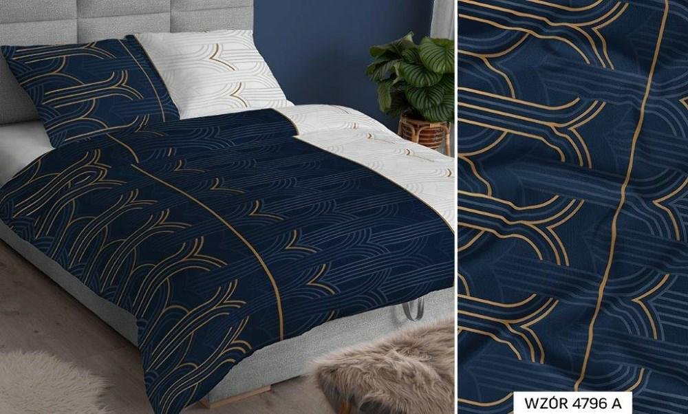 Pościel satynowa 140x200 granatowa biała geometria zapinana na suwak KARO Satin