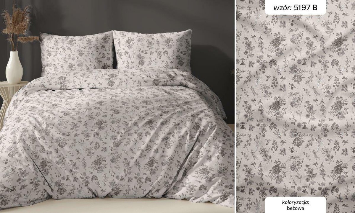 Pościel bawełniana 160x200 beżowa kwiatki zapinana na suwak KARO Bawełna Max