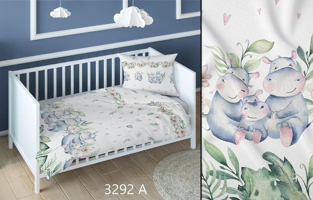 Pościel bawełniana 160x200 hipopotamy biała zielona dziecięca zapinana na suwak KARO Bawełna Max