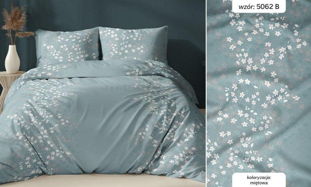 Pościel satynowa 140x200 miętowa kwiatuszki zapinana na suwak KARO Satin