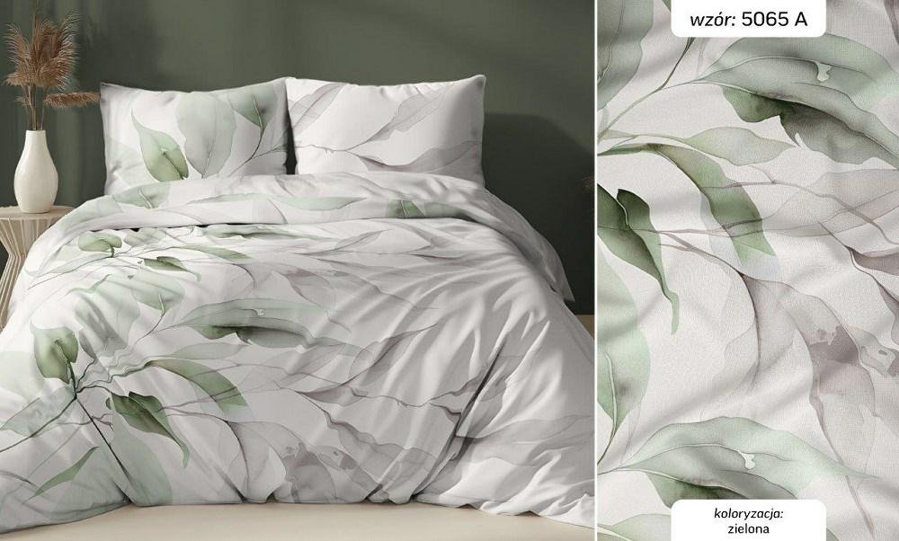 Pościel satynowa 160x200 biała zielona liście zapinana na suwak KARO Satin