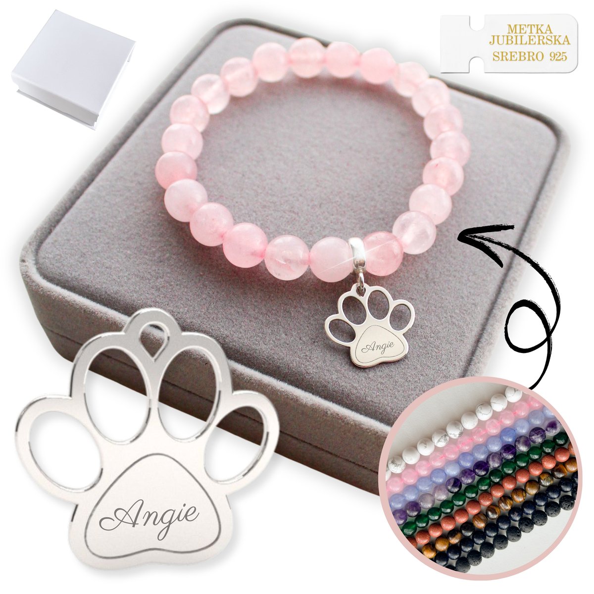 Bransoletka z Kamieni z Zawieszką 925 Charms Łapka Psa Kota KOLORY GRAWER
