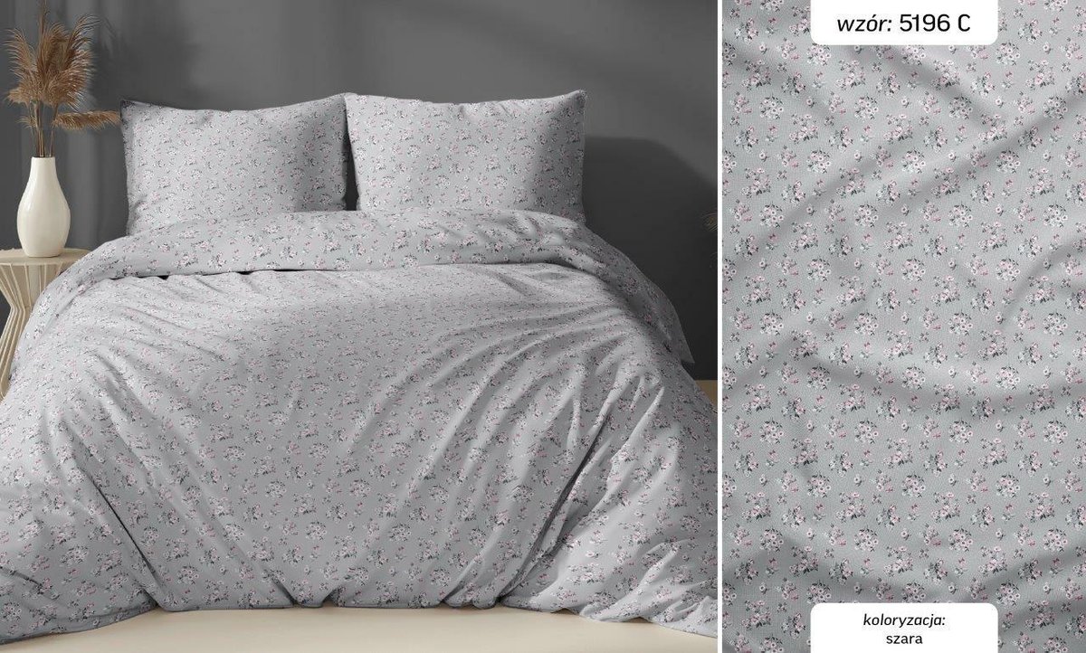 Pościel bawełniana 140x200 szara kwiatki zapinana na suwak KARO Bawełna Max
