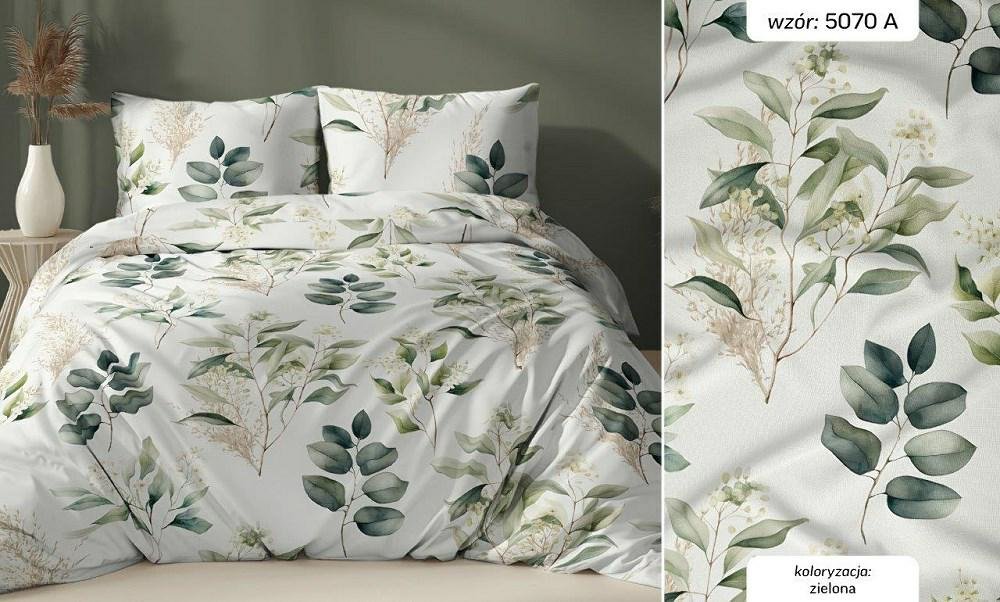 Pościel satynowa 140x200 biała zielona liście zapinana na suwak KARO Satin