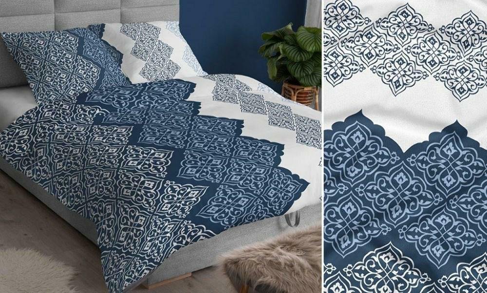 Pościel satynowa 140x200 granatowa biała geometria zapinana na suwak KARO Satin