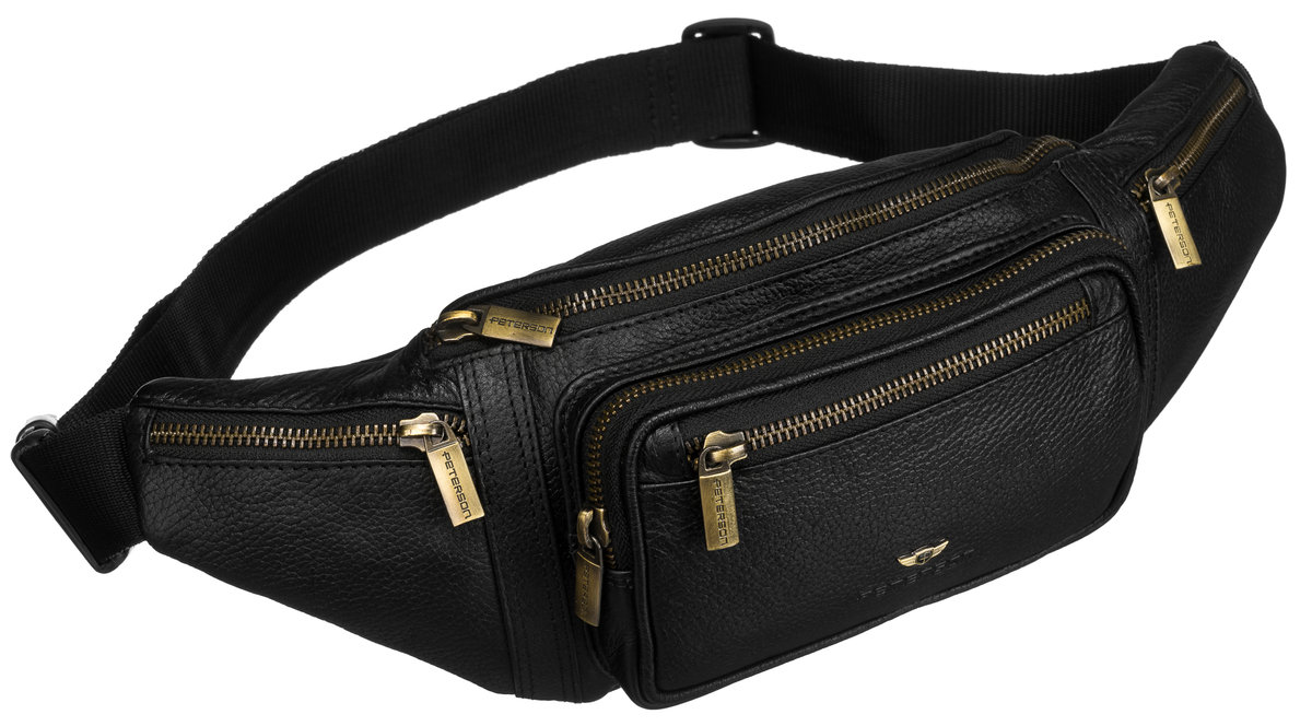 Klasyczna funkcjonalna dwukomorowa nerka męska ze skóry naturalnej PETERSON czarna saszetka na biodra kieszonki na suwak szeroki pasek