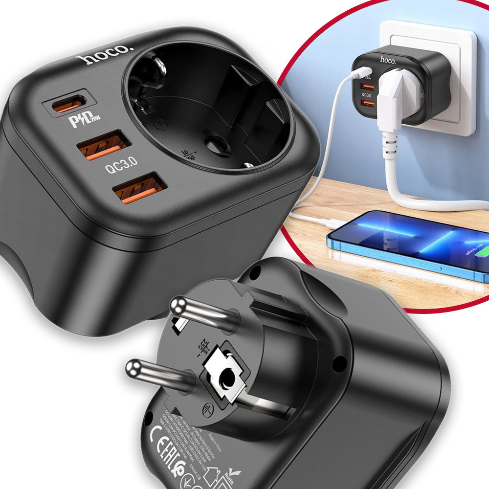Ładowarka sieciowa Hoco gniazdo gniazdko NS3 3x USB A + C czarne 3A 20W QC