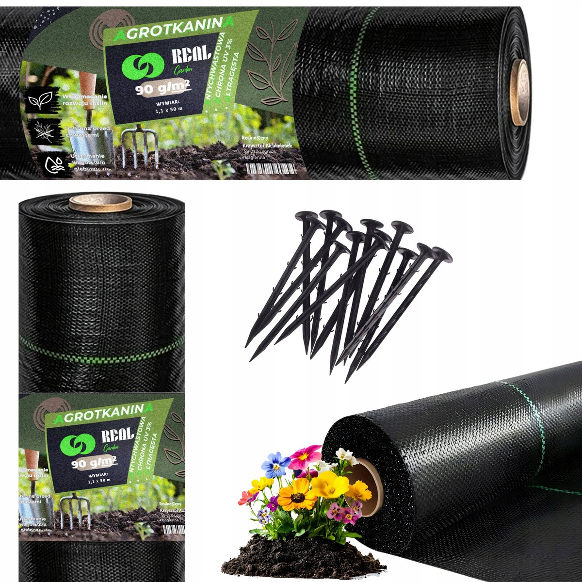 AGROWŁÓKNINA 90G 1,1x50m CZARNA UV AGROTKANINA MATA ANTYCHWASTOWA + KOŁKI