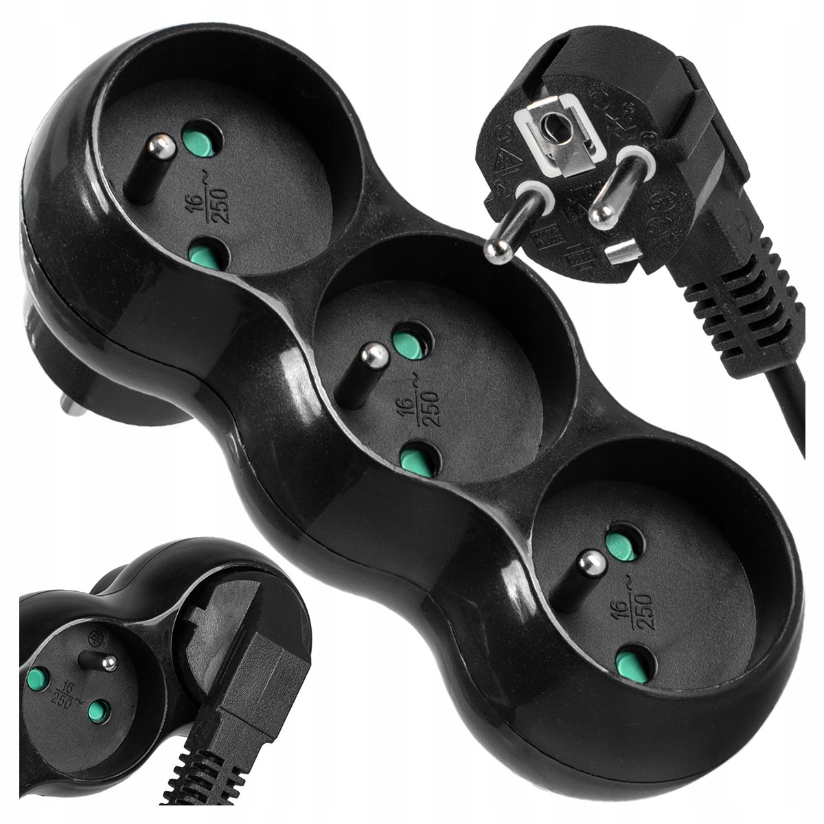 ZŁODZIEJKA ROZGAŁĘŹNIK ELEKTRYCZNY 3 GNIAZDKA Z UZIEMIENIEM CZARNY VAYOX