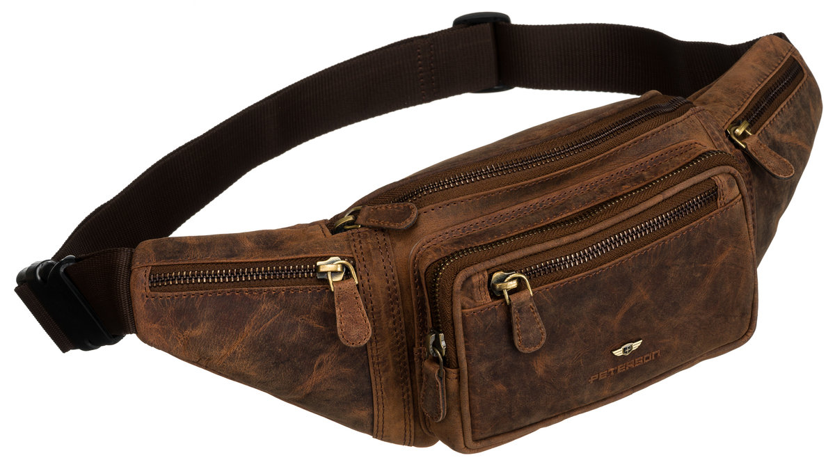 Brązowa nerka męska na biodra PETERSON skóra naturalna dwukomorowa saszetka miejska pojemna kieszonki na suwak szeroki pasek