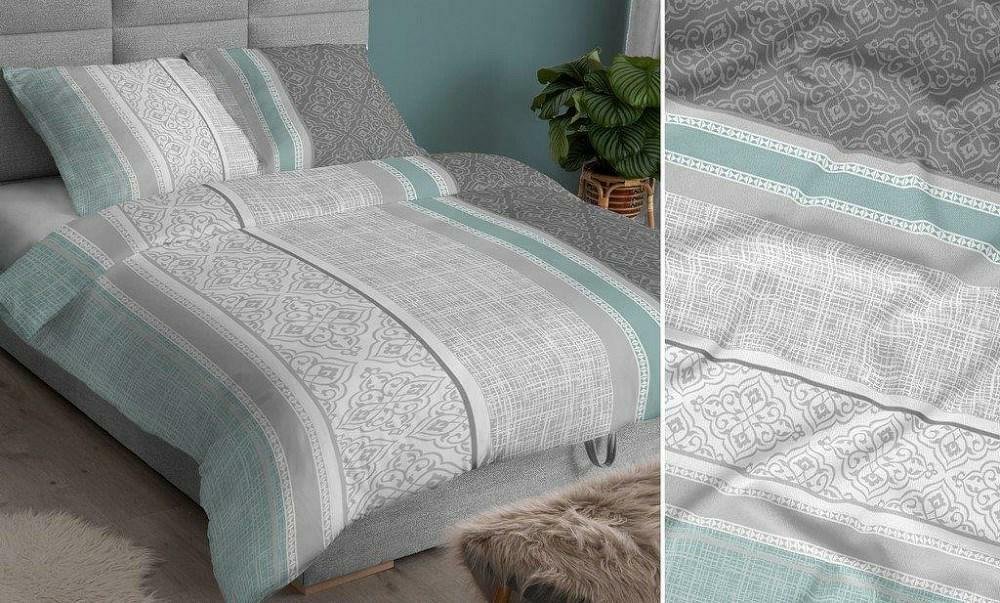 Pościel satynowa 140x200 miętowa szara ornamenty zapinana na suwak KARO Satin
