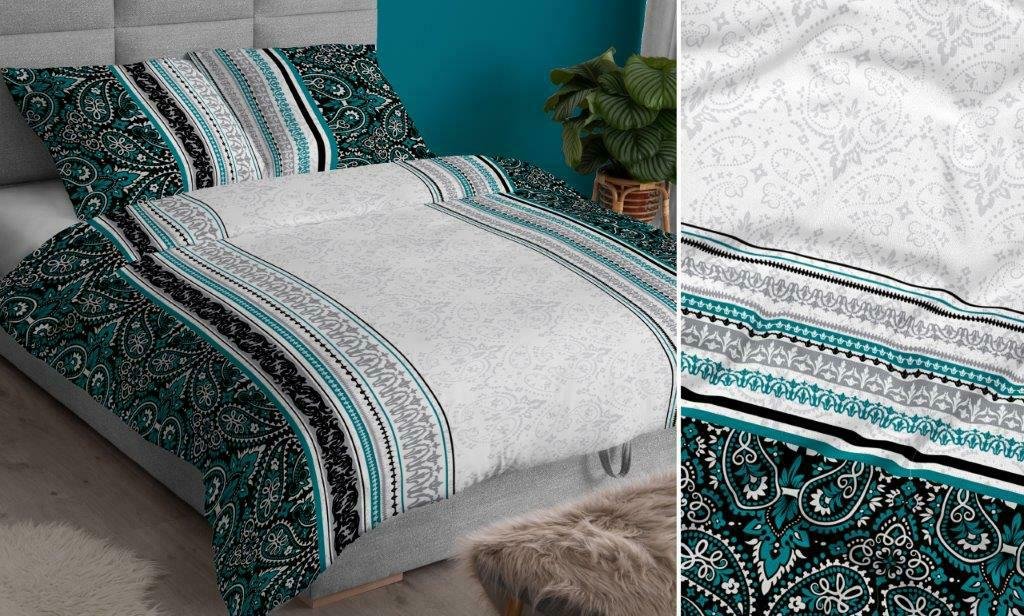 Pościel satynowa 160x200 turkusowa szara ornamenty zapinana na suwak KARO Satin