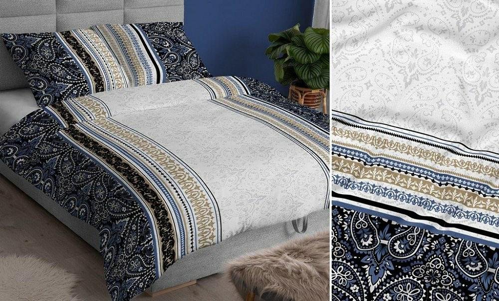 Pościel satynowa 140x200 granatowa szara ornamenty zapinana na suwak KARO Satin