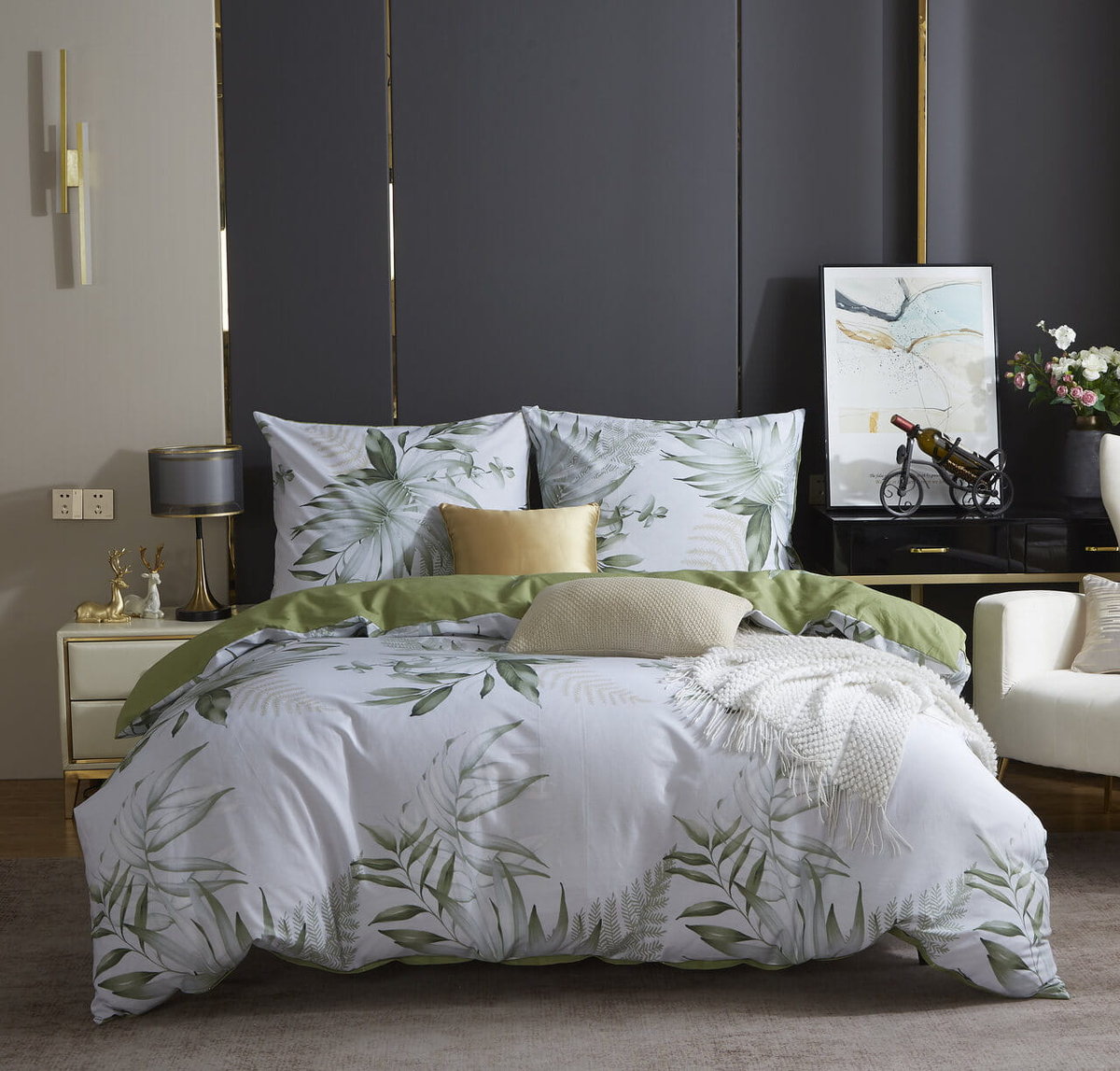 Biała Pościel w Liście Satyna Bawełniana 160x200 Y020