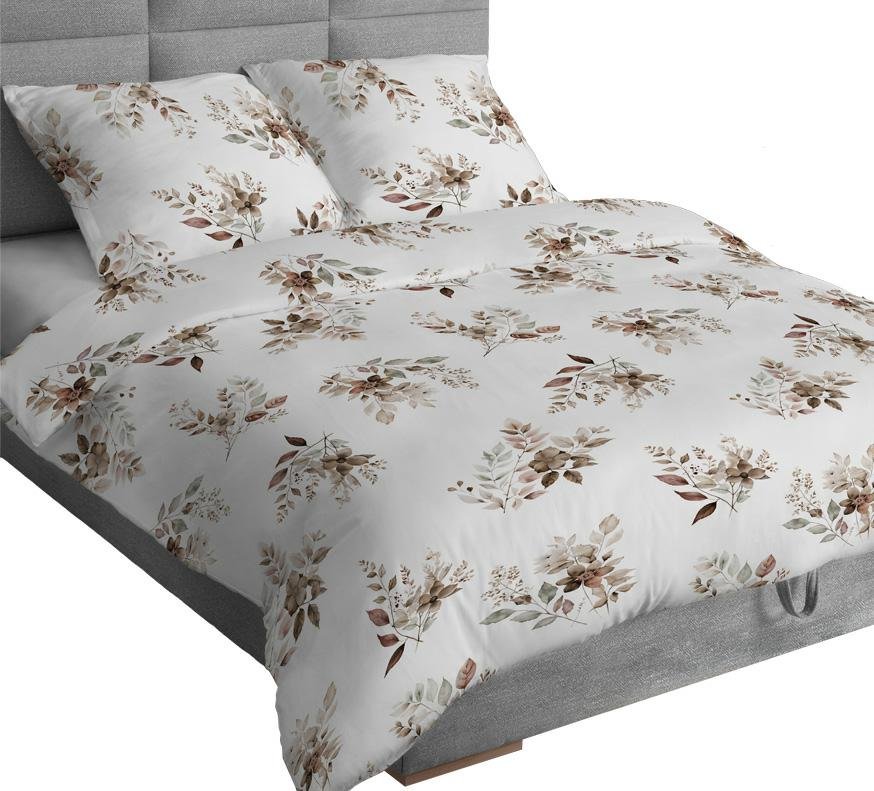 Pościel bawełniana 160x200 biała beżowa kwiaty zapinana na suwak KARO Bawełna Max