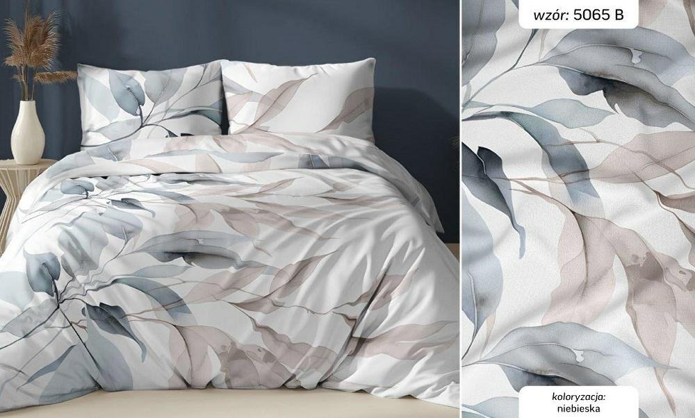 Pościel satynowa 160x200 biała niebieska liście zapinana na suwak KARO Satin