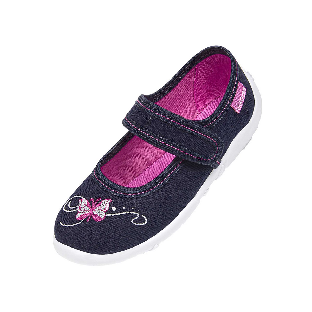 Dziewczęce granatowe kapcie z nadrukiem motylka