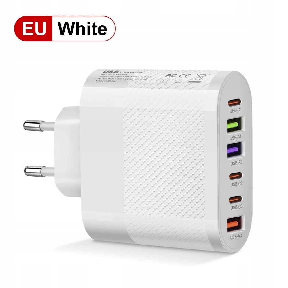 Ładowarka 65W 3xUSB Typu C i 3xUSB Typu A QC3.0 BIAŁA
