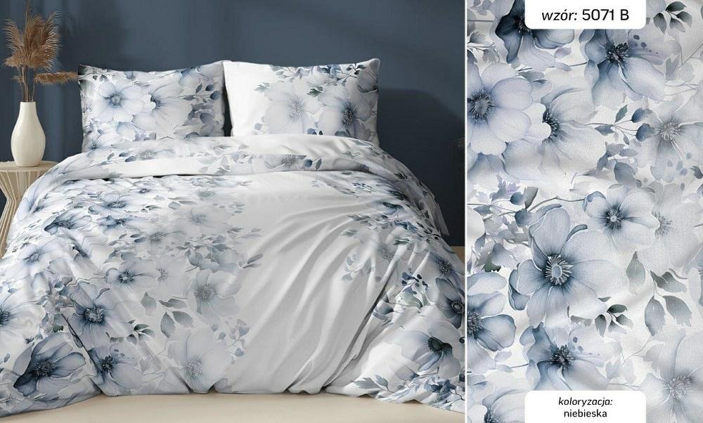 Pościel satynowa 140x200 biała niebieska kwiaty zapinana na suwak KARO Satin