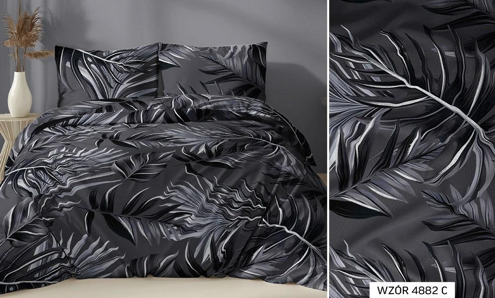 Pościel satynowa 140x200 grafitowa liście zapinana na suwak KARO Satin