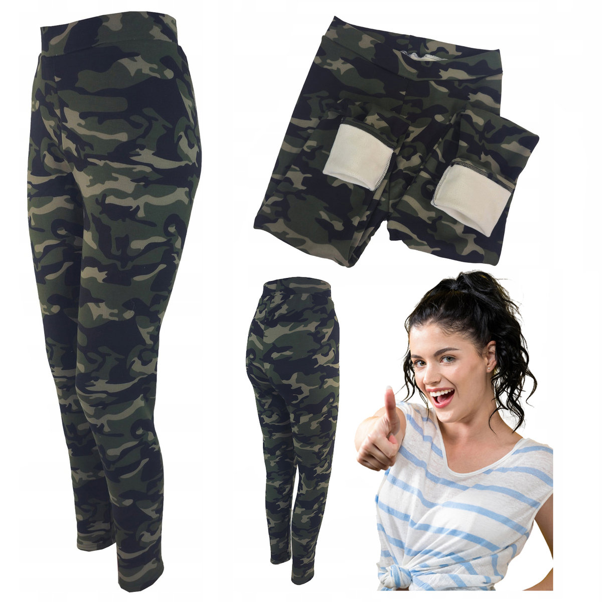 Spodnie Damskie Ocieplane Modelujące Moro Khaki Modne Wysoki Stan S/M 65