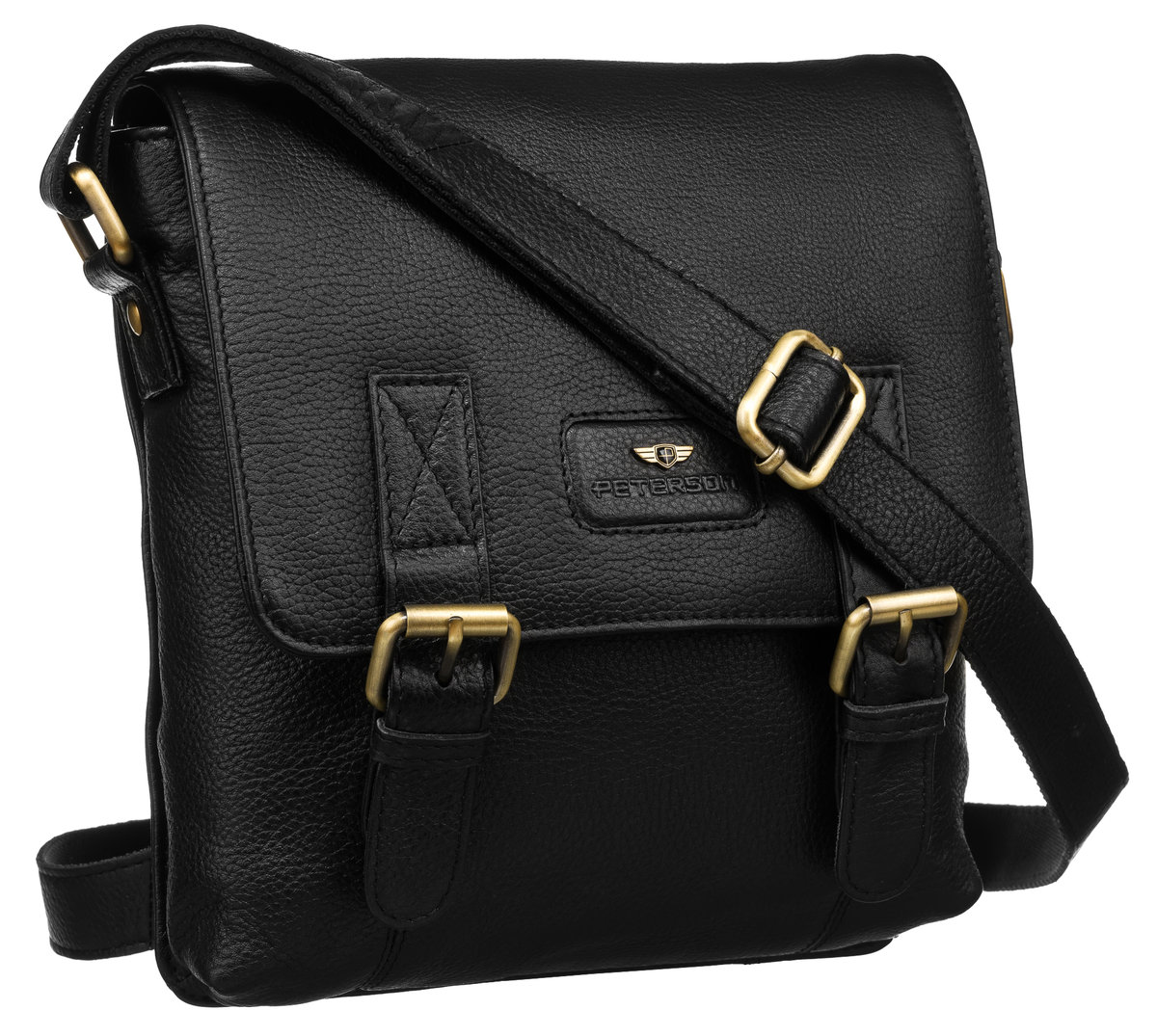 PETERSON Czarna skórzana torebka męska listonoszka z klapką saszetka miejska na ramię kieszonki na suwak długi pasek z regulacją