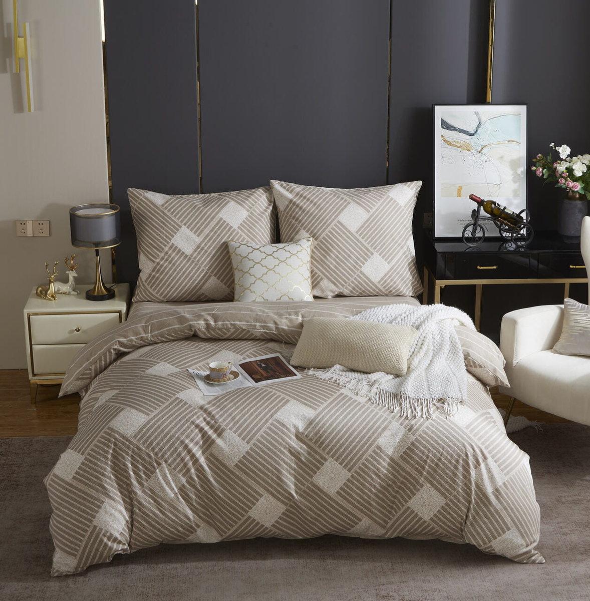 Brązowa Pościel Geometryczna Satyna Bawełniana 160x200 XDF 044