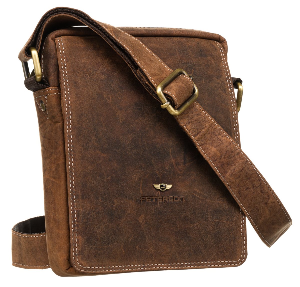 Skórzana brązowa listonoszka męska torebka na ramię mała miejska saszetka PETERSON miejsce na telefon przegródki na karty i długopis kieszonki na su..