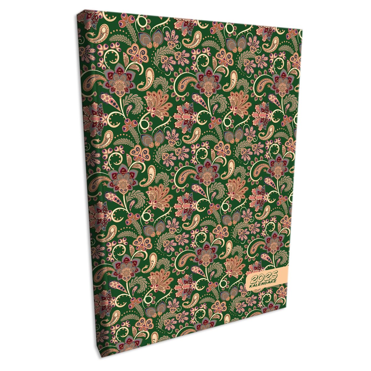 Kalendarz 2025 książkowy dzienny A4 sobota niedziela osobno soft touch PAISLEY KWIATY GREEN