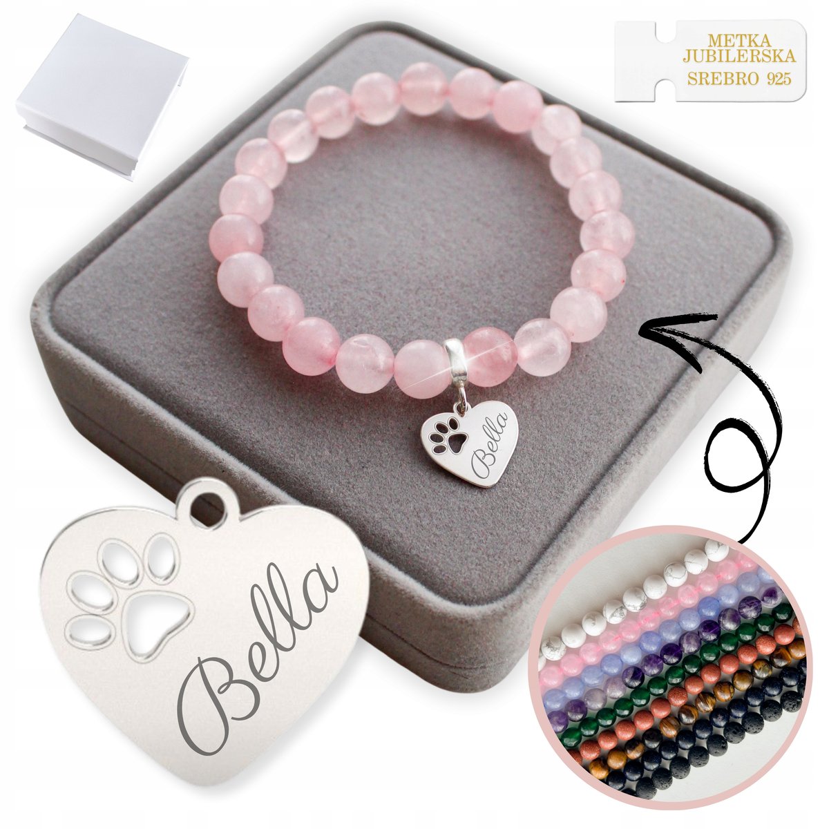 Bransoletka z Kamieni z Zawieszką 925 Charms Serce Łapka Psa KOLORY GRAWER