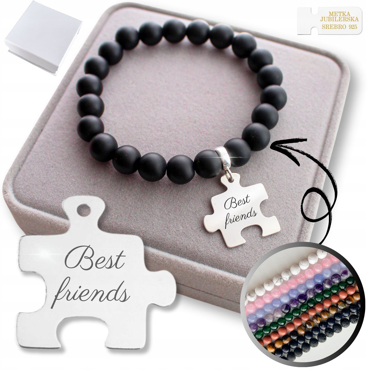 Bransoletka Przyjaźni z Kamieni z Zawieszką Puzzle Charms KOLORY GRAWER 925
