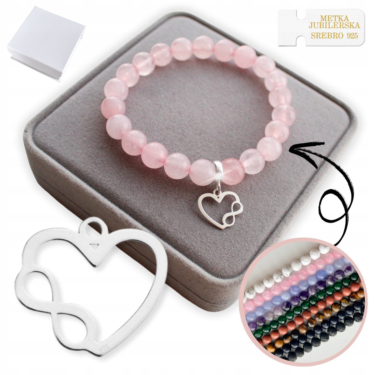 Bransoletka z Kamieni z Zawieszką 925 Charms Serce Infinity KOLORY GRAWER