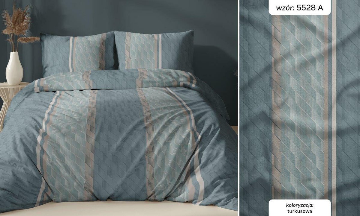 Pościel bawełniana 160x200 turkusowa pasy zapinana na suwak KARO Bawełna Max