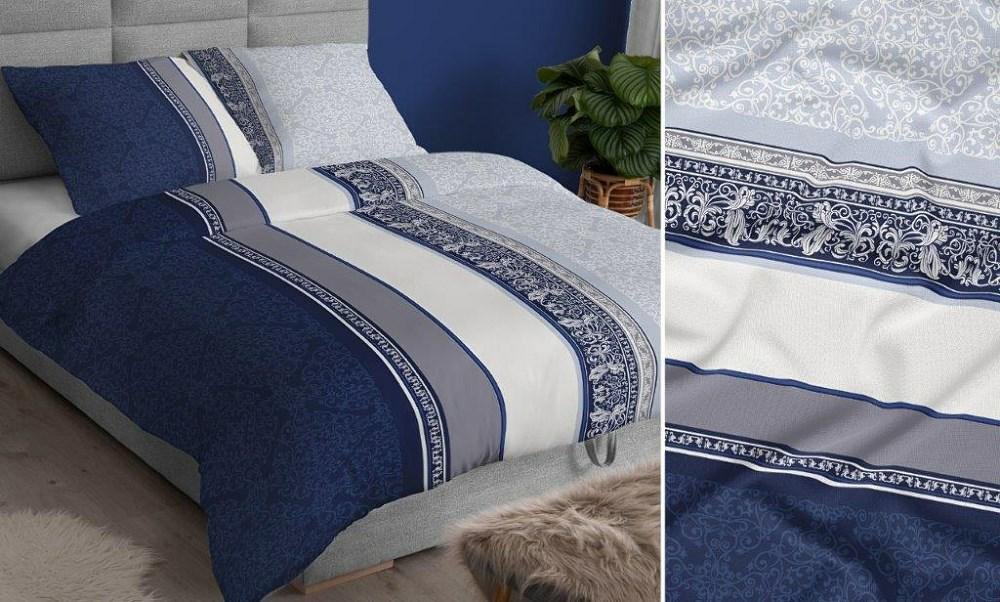 Pościel satynowa 140x200 granatowa geometria zapinana na suwak KARO Satin